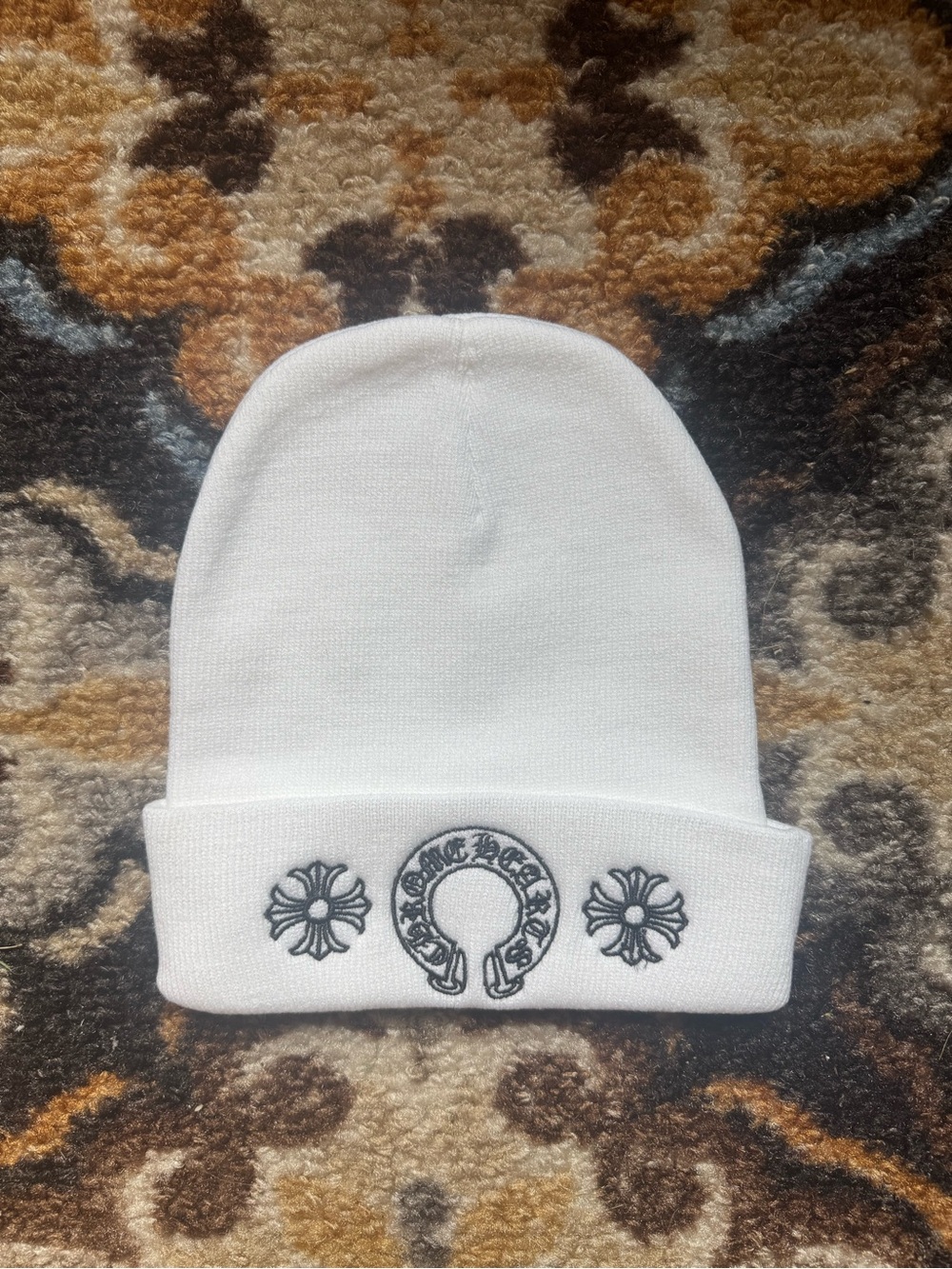 Chrome Hearts White Beanie with Black Embroidered Crest